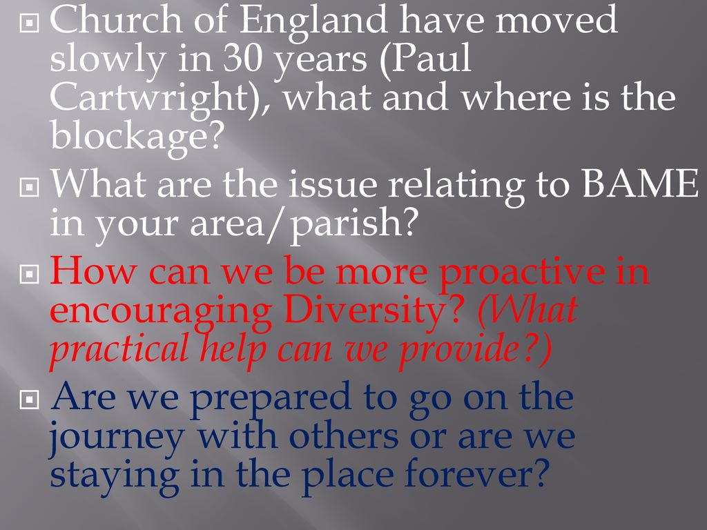 Church of England have moved slowly in 30 years (Paul Cartwright), what and where is the blockage
