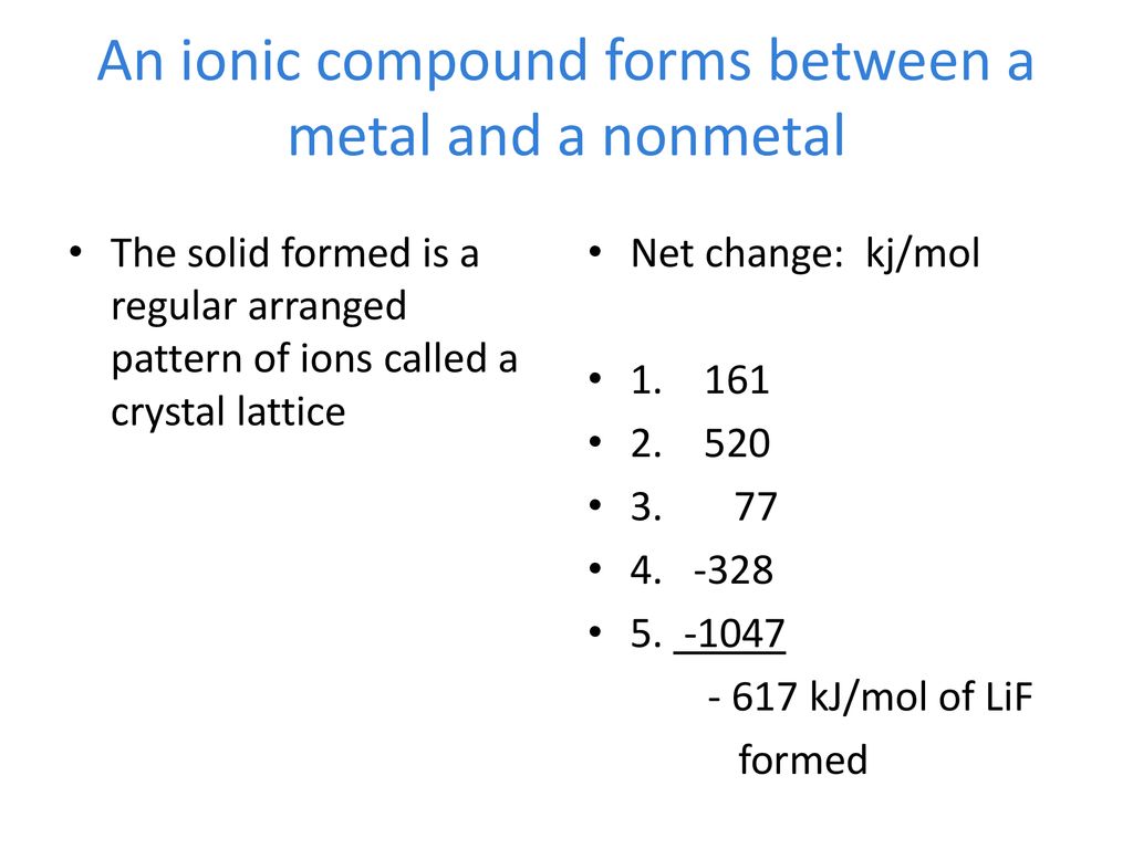 An ionic compound forms between a metal and a nonmetal