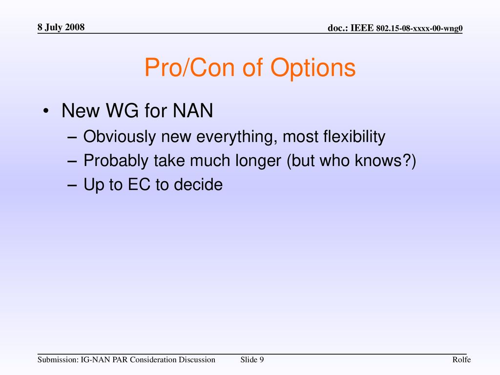 Pro/Con of Options New WG for NAN