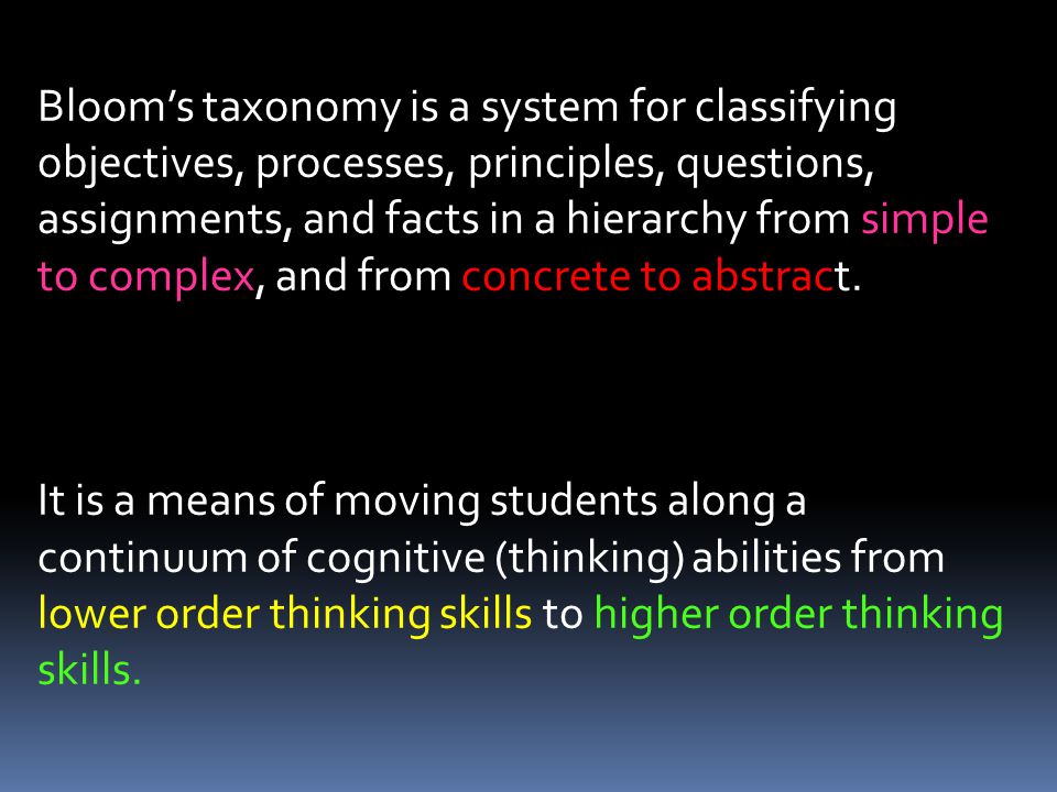 Bloom’s taxonomy is a system for classifying objectives, processes, principles, questions, assignments, and facts in a hierarchy from simple to complex, and from concrete to abstract.