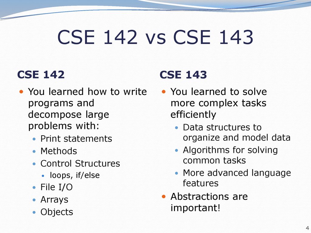 CSE 142 vs CSE 143 CSE 142 CSE 143 You learned how to write programs