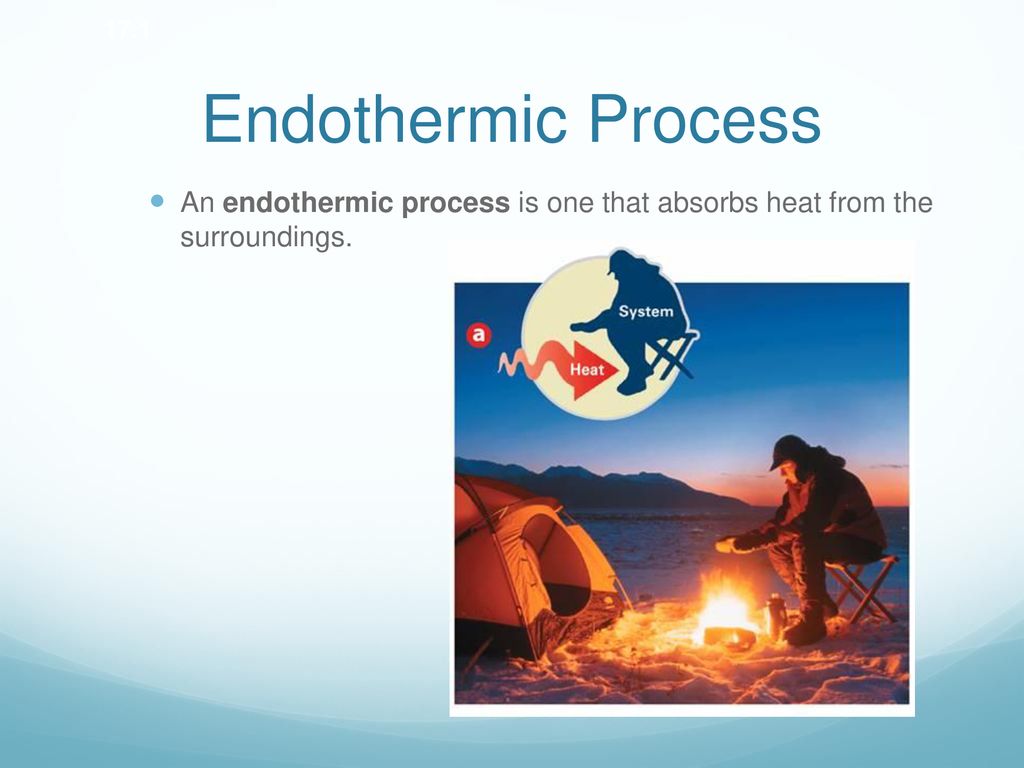 Endothermic Process An endothermic process is one that absorbs heat from the surroundings.