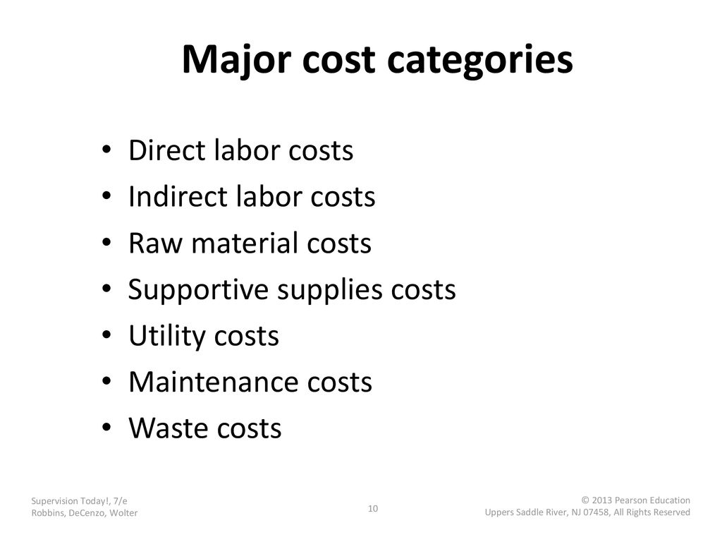 Major cost categories Direct labor costs Indirect labor costs
