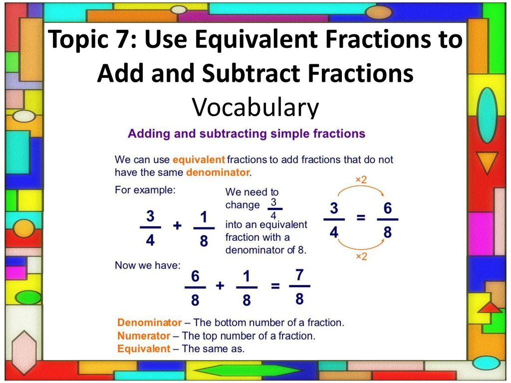Topic 7: Use Equivalent Fractions to Add and Subtract Fractions Vocabulary.