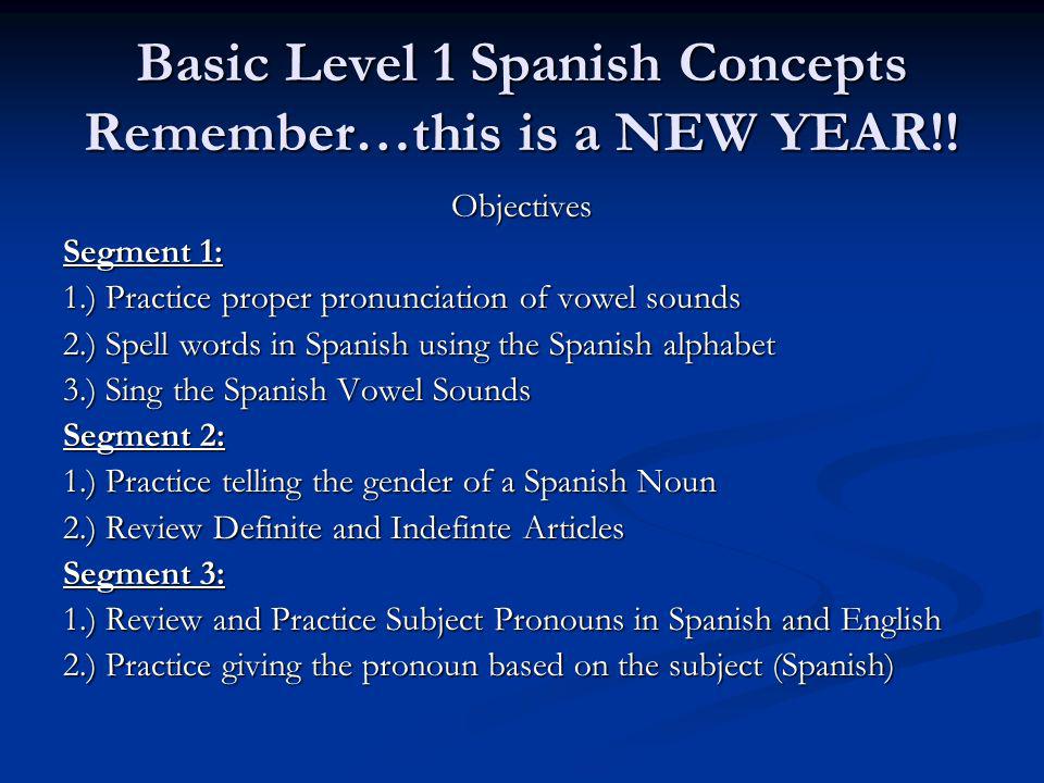 Basic Level 1 Spanish Concepts Remember…this is a NEW YEAR!!