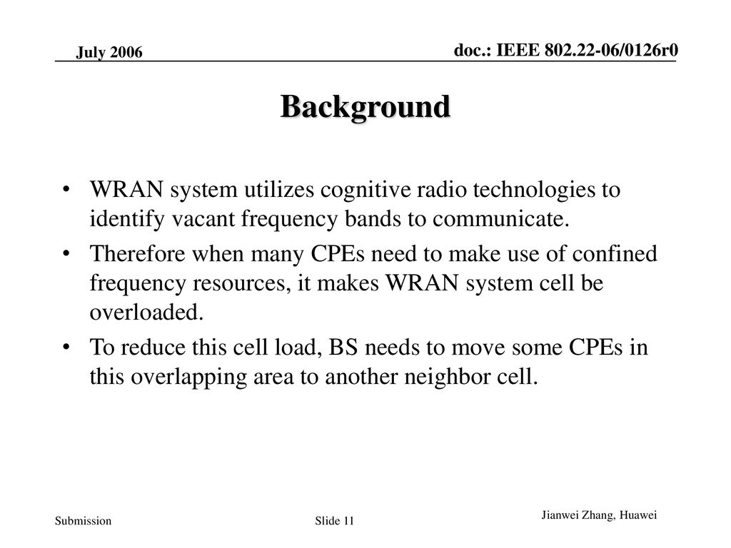 2006 March Background. WRAN system utilizes cognitive radio technologies to identify vacant frequency bands to communicate.