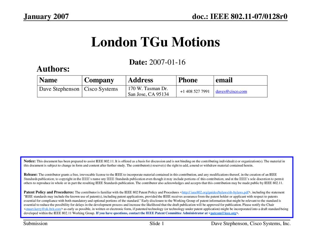 London TGu Motions Authors: January 2007 Date: Month Year