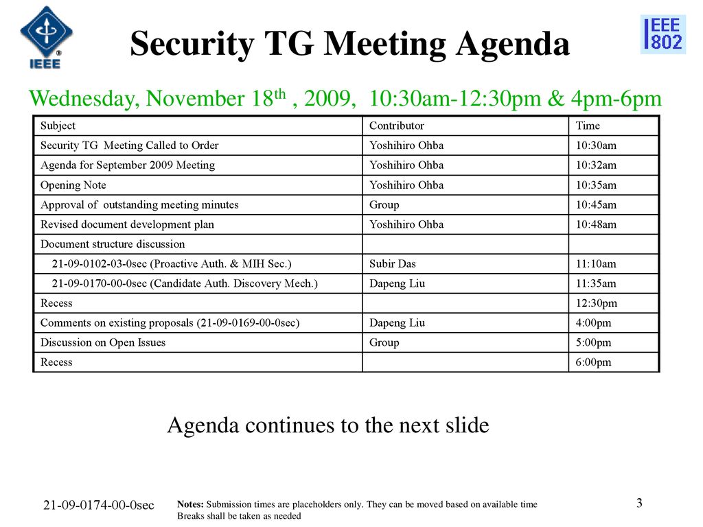 Security TG Meeting Agenda