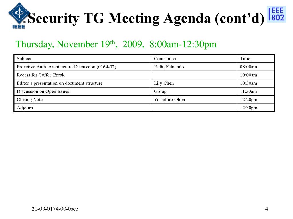 Security TG Meeting Agenda (cont’d)