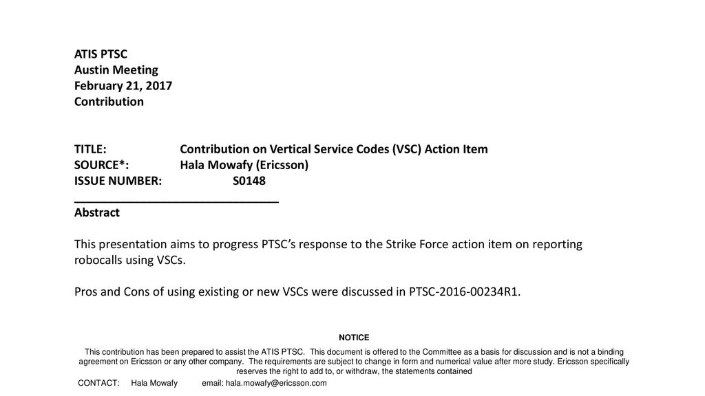 TITLE Contribution on Vertical Service Codes (VSC) Action Item ppt