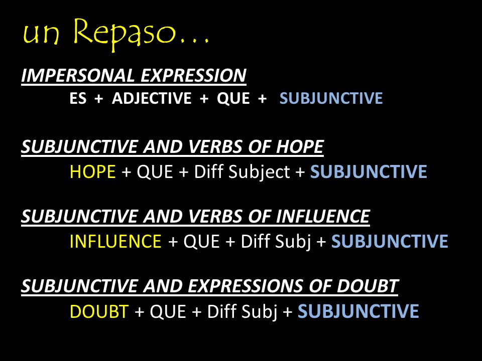 un Repaso… IMPERSONAL EXPRESSION SUBJUNCTIVE AND VERBS OF HOPE
