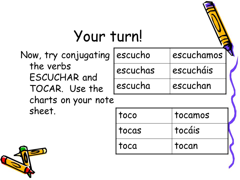 Your turn! Now, try conjugating the verbs ESCUCHAR and TOCAR. Use the charts on your note sheet. escucho.