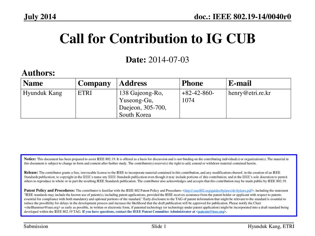 Call for Contribution to IG CUB