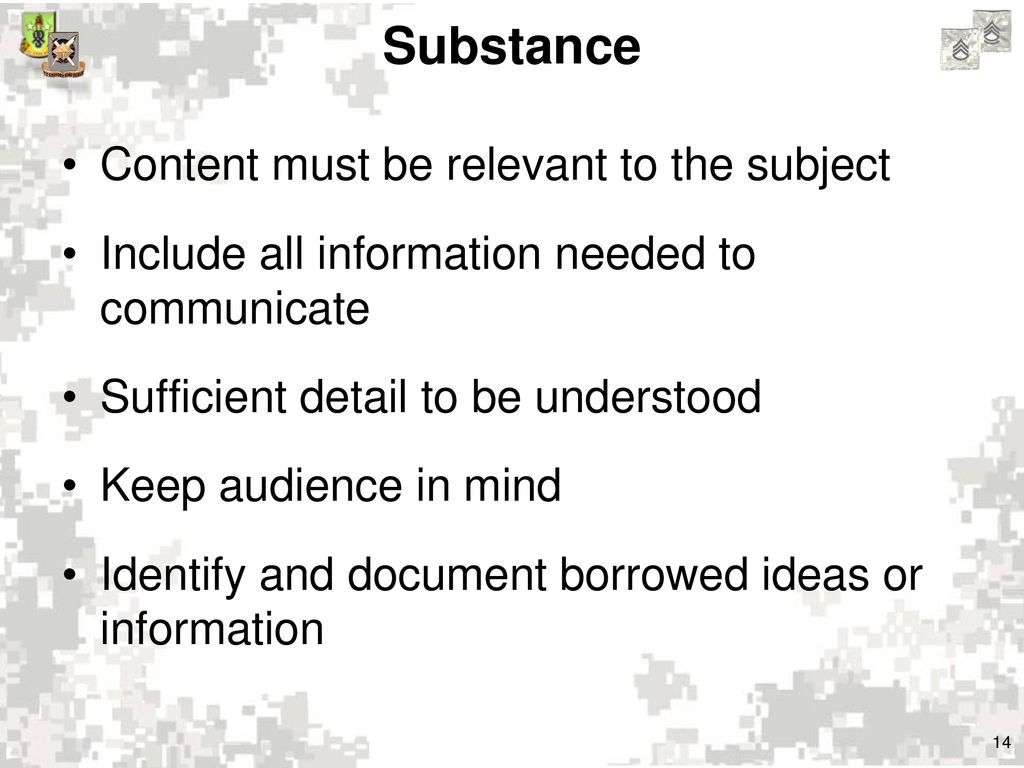Substance Content must be relevant to the subject