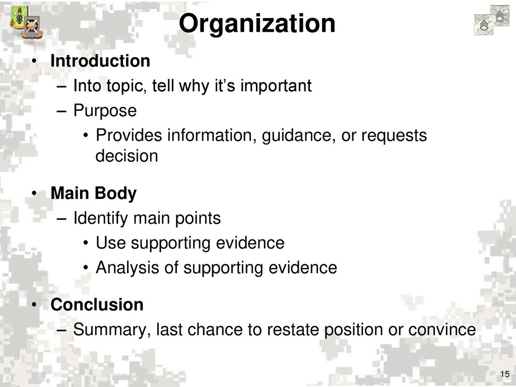 Organization Introduction Into topic, tell why it’s important Purpose