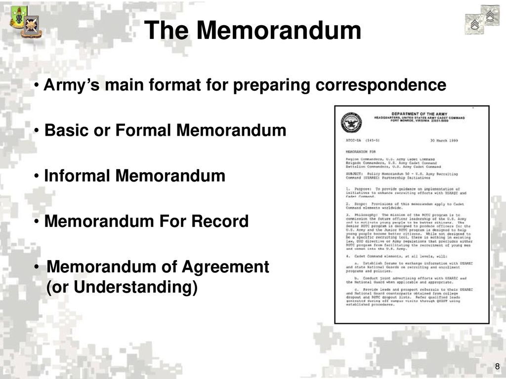 The Memorandum Army’s main format for preparing correspondence