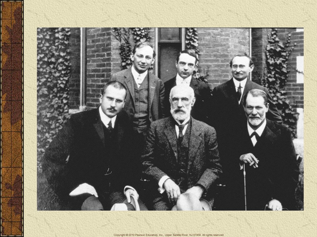 In 1909 Freud and his then-devoted disciple Carl Jung visited Clark University in Worchester, Massachusetts, during Freud’s only trip to the United States. Here Freud sits on the right holding a cane. Jung is sitting on the far left.
