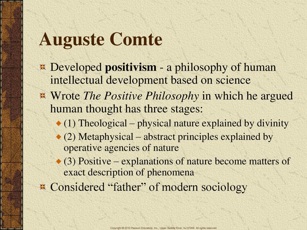 Auguste Comte Developed positivism - a philosophy of human intellectual development based on science.