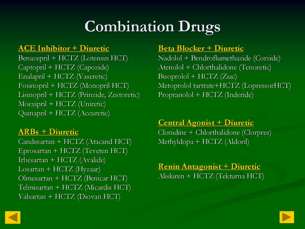 Combination Drugs ACE Inhibitor + Diuretic ARBs + Diuretic