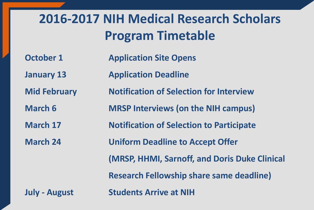 NIH Medical Research Scholars Program Timetable