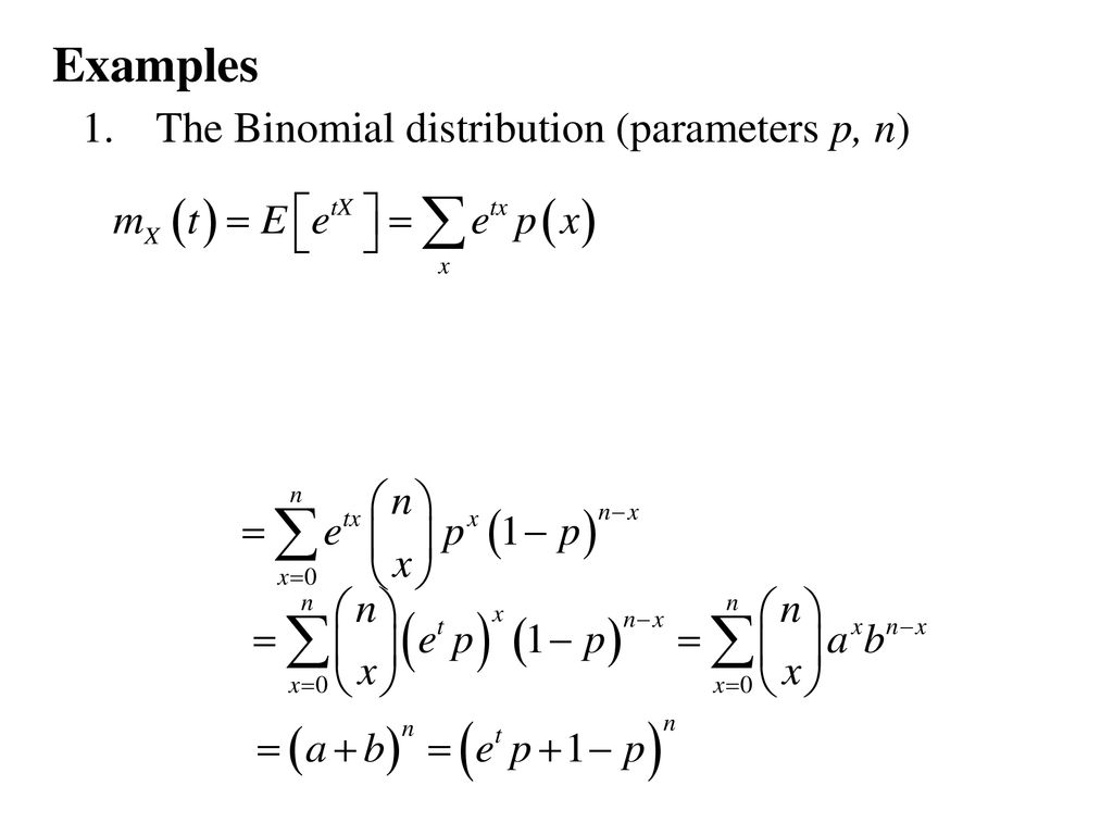 Generating functions. Binomial distribution. Binomial parameters. Производящая функция последовательности. Производящая функция моментов.