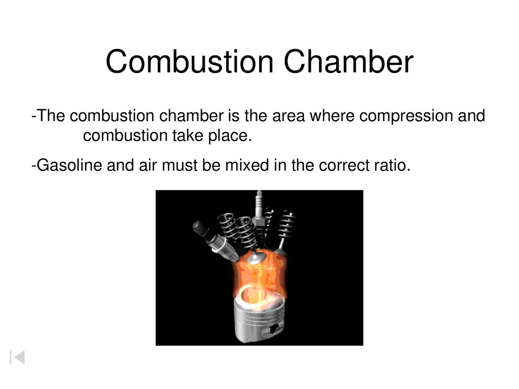 Combustion Chamber The combustion chamber is the area where compression and combustion take place.