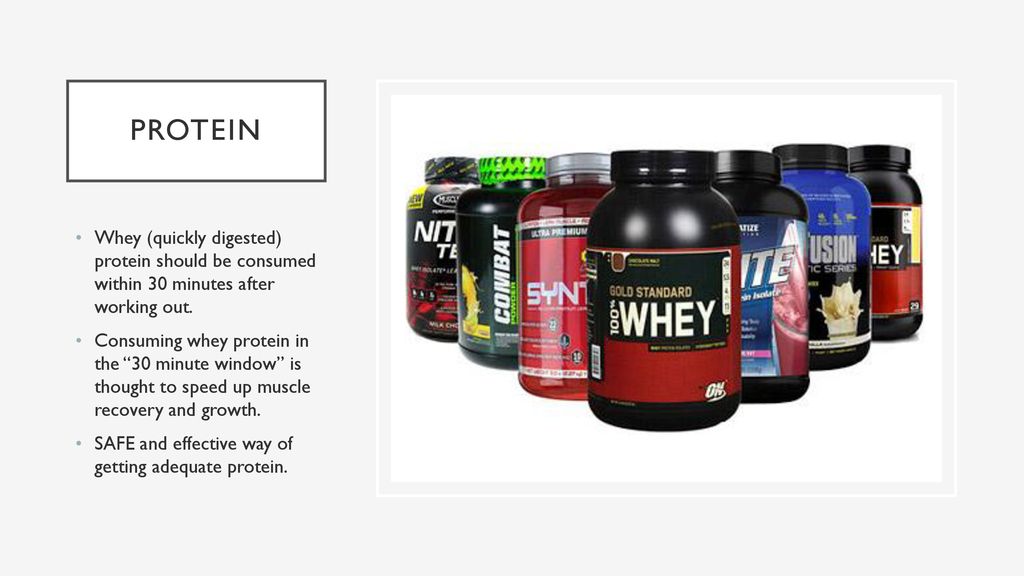 protein Whey (quickly digested) protein should be consumed within 30 minutes after working out.