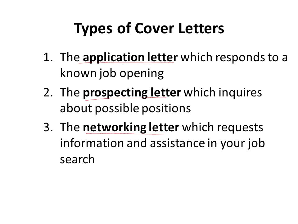Types of Cover Letters The application letter which responds to a known job opening. The prospecting letter which inquires about possible positions.