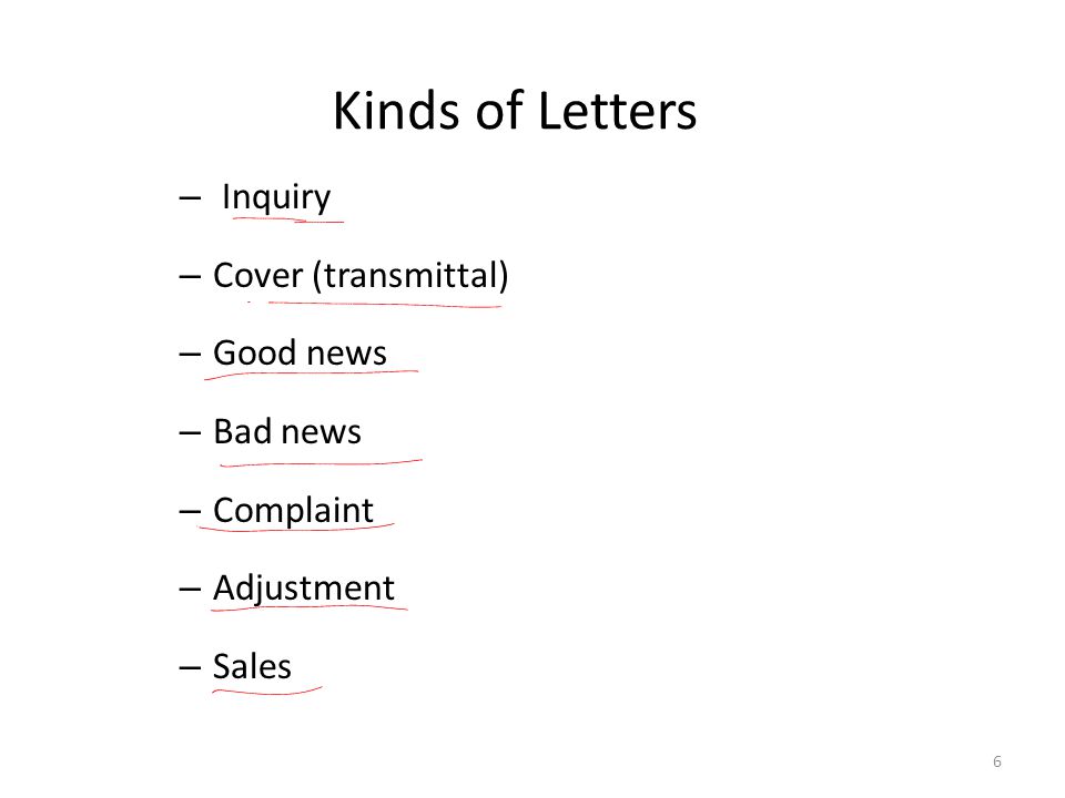 Kinds of Letters Inquiry Cover (transmittal) Good news Bad news