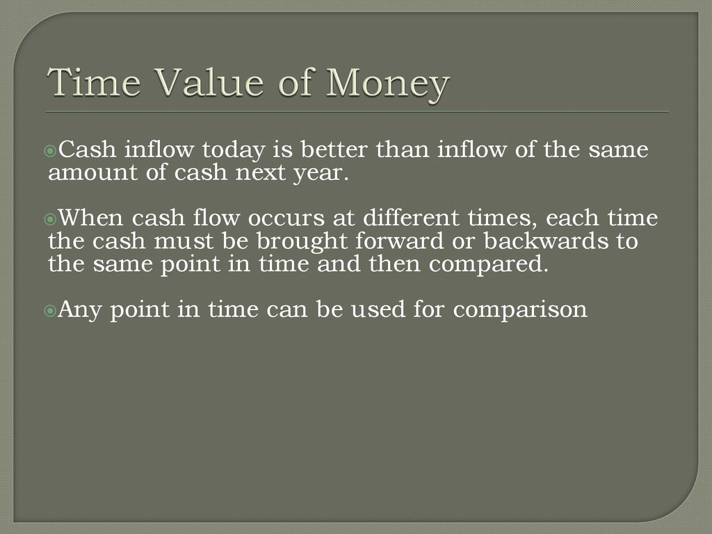 Time Value of Money Cash inflow today is better than inflow of the same amount of cash next year.