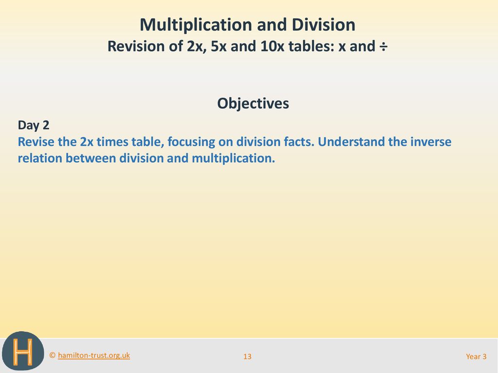 Multiplication and Division Revision of 2x, 5x and 10x tables: x and ÷