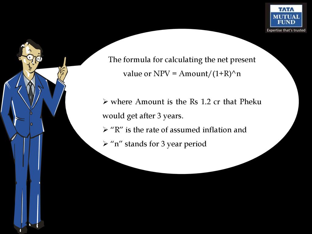 The formula for calculating the net present value or NPV = Amount/(1+R)^n