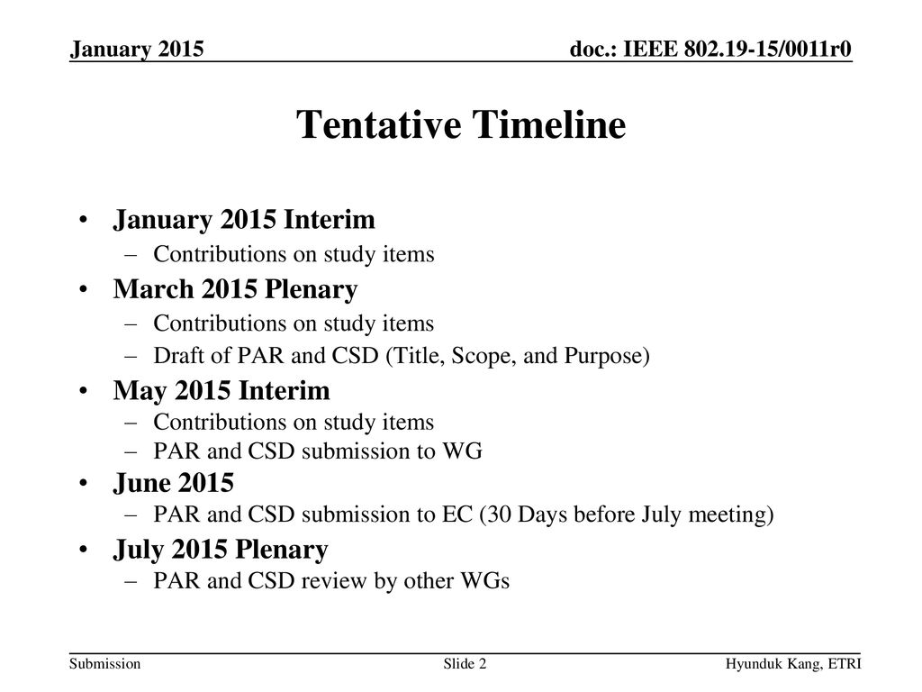 Tentative Timeline January 2015 Interim March 2015 Plenary