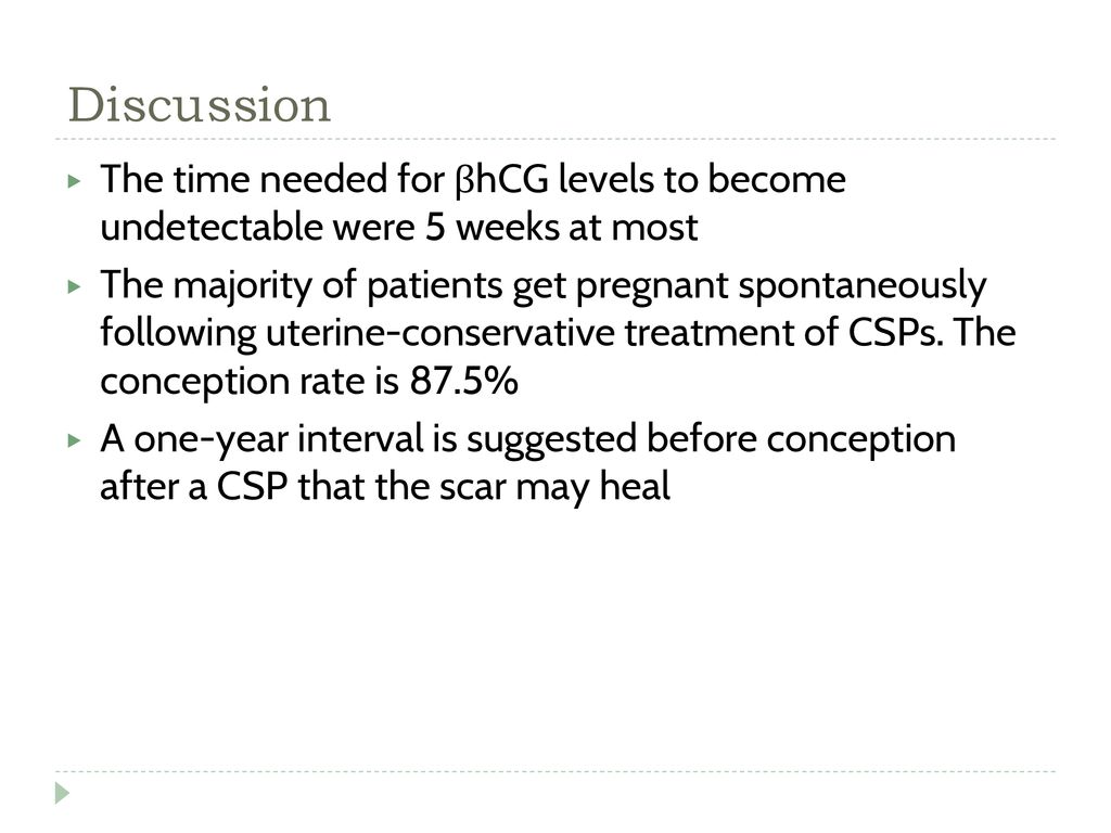 Discussion The time needed for βhCG levels to become undetectable were 5 weeks at most.