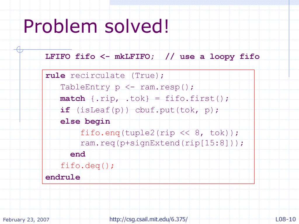 Problem solved! LFIFO fifo <- mkLFIFO; // use a loopy fifo