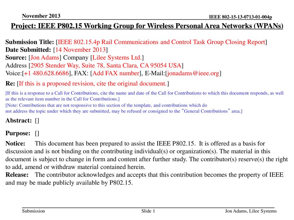 <month year> doc.: IEEE ptc. November Project: IEEE P Working Group for Wireless Personal Area Networks (WPANs)