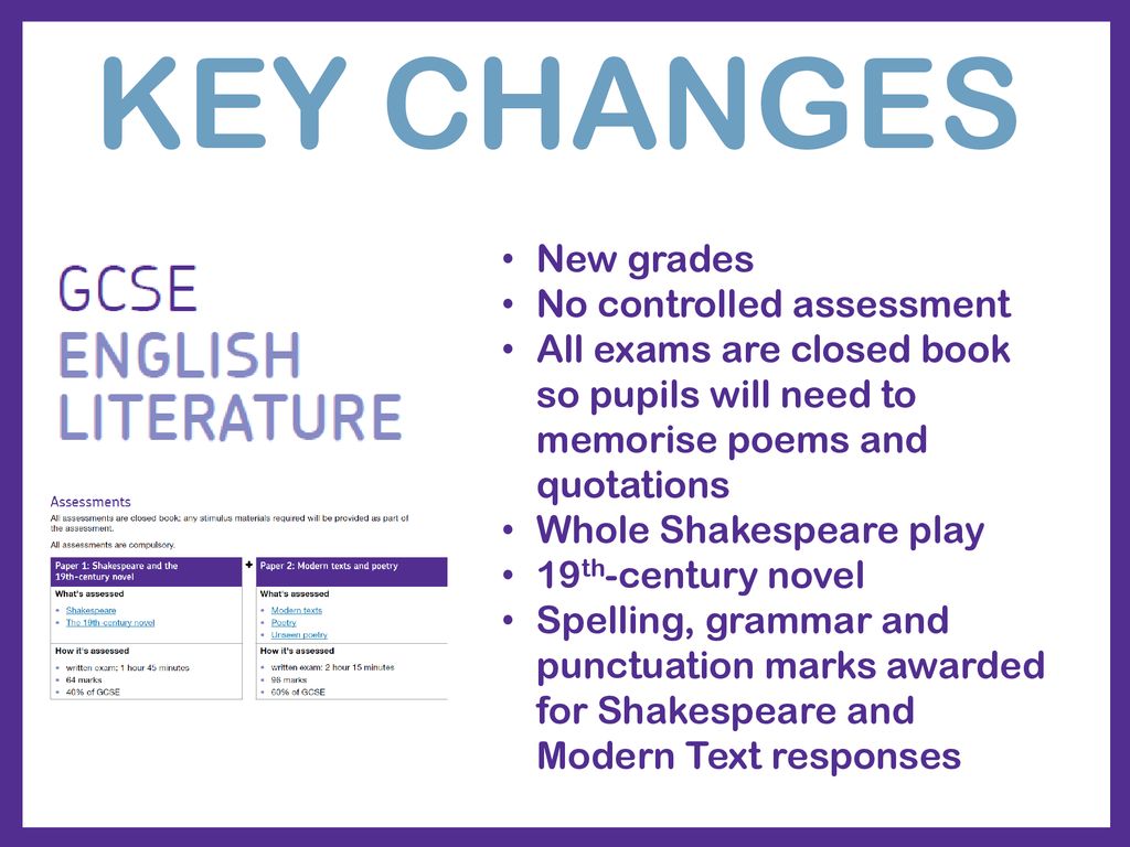 KEY CHANGES New grades No controlled assessment