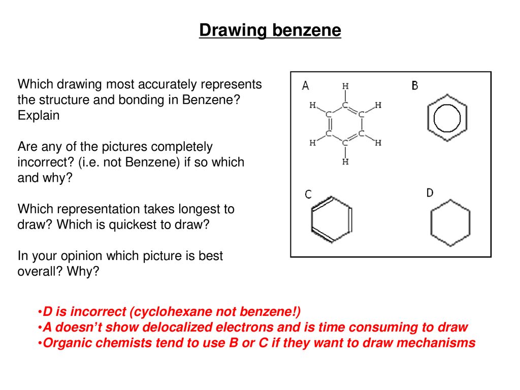 . Drawing benzene. Which drawing most accurately represents the structure and bonding in Benzene Explain.