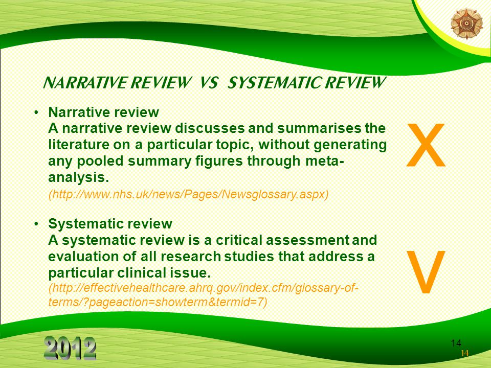 x v NARRATIVE REVIEW VS SYSTEMATIC REVIEW Narrative review