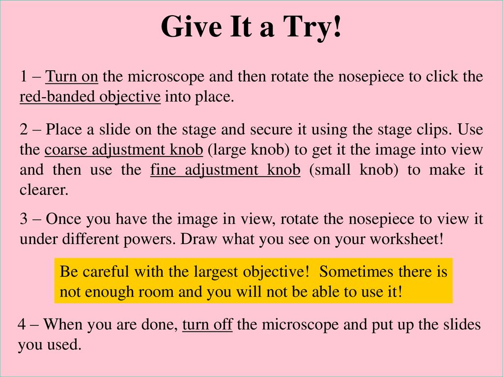 Give It a Try! 1 – Turn on the microscope and then rotate the nosepiece to click the red-banded objective into place.