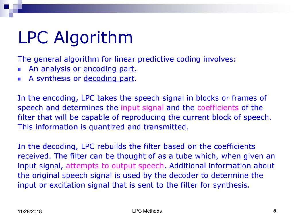 Linear Predictive Coding Methods - ppt download