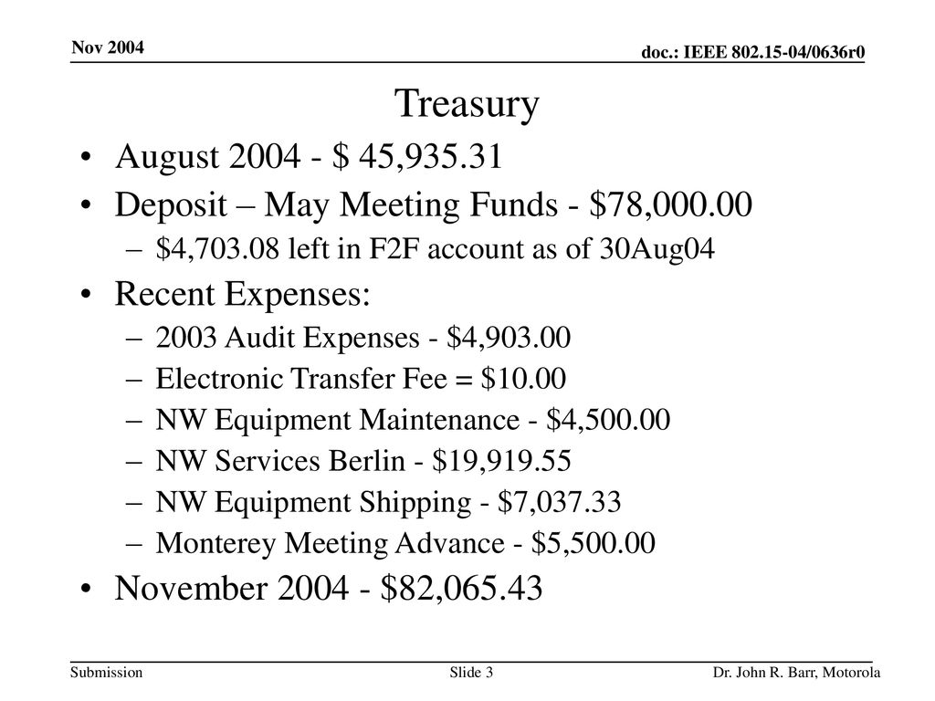 Treasury August $ 45, Deposit – May Meeting Funds - $78, $4, left in F2F account as of 30Aug04.