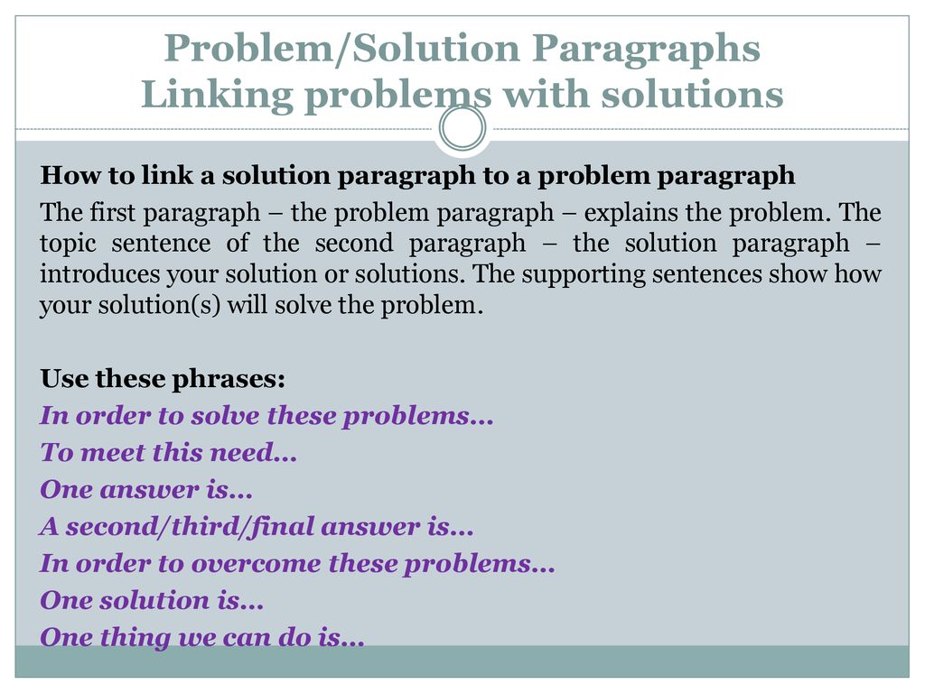 Problem/Solution Paragraphs Linking problems with solutions