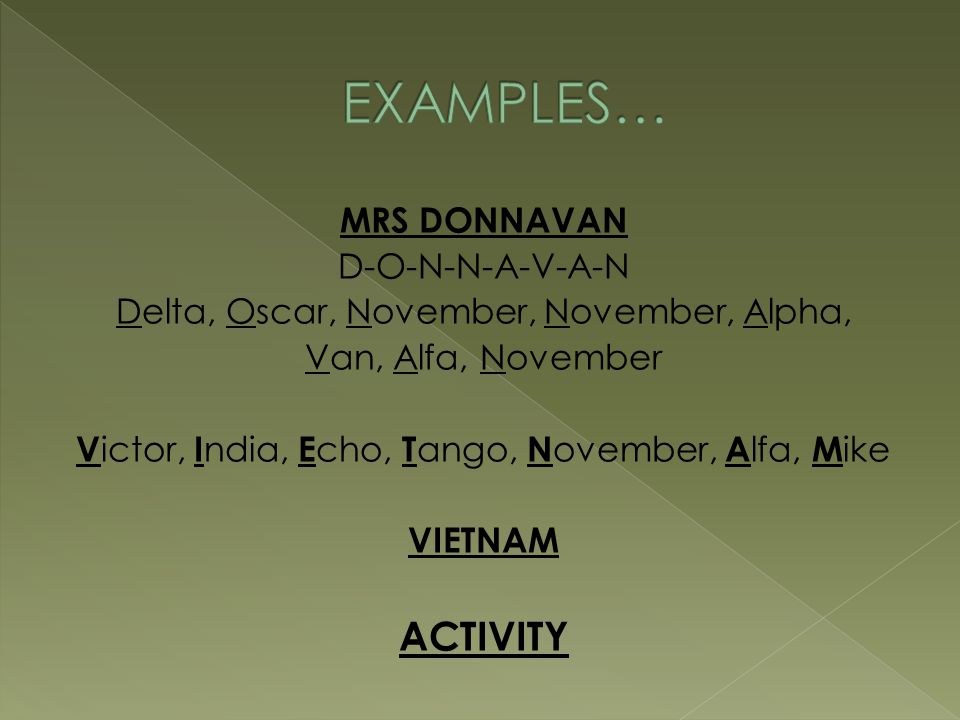 EXAMPLES… ACTIVITY MRS DONNAVAN D-O-N-N-A-V-A-N