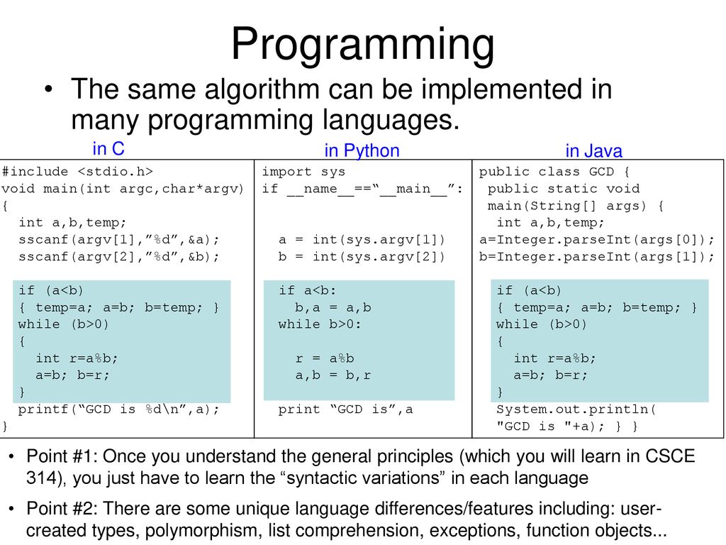 Programming The same algorithm can be implemented in many programming languages. in C. in Python.