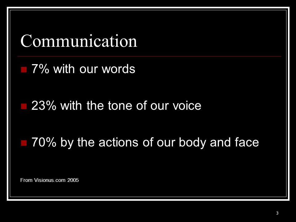 Communication 7% with our words 23% with the tone of our voice