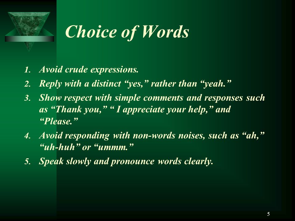 Choice of Words Avoid crude expressions.
