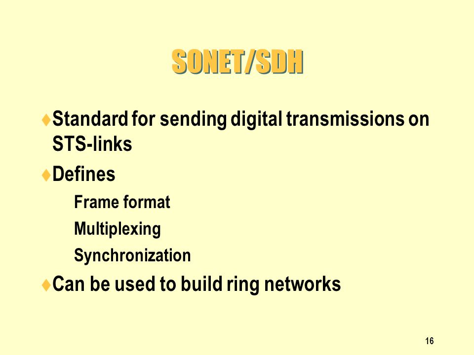 SONET/SDH Standard for sending digital transmissions on STS-links