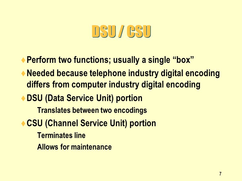 DSU / CSU Perform two functions; usually a single box