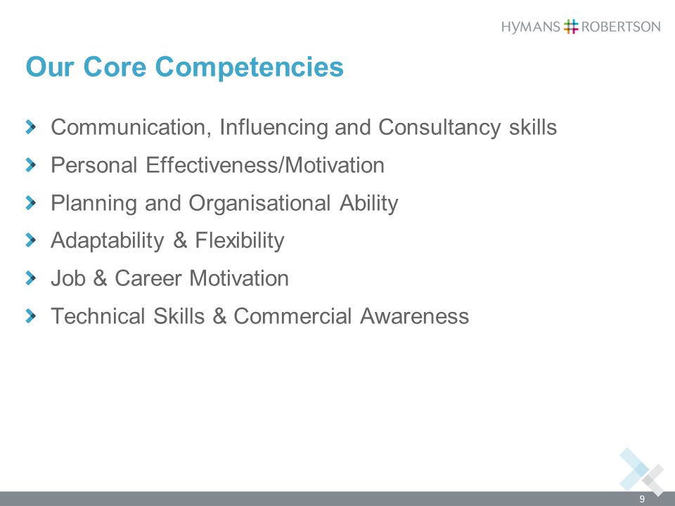 Our Core Competencies Communication, Influencing and Consultancy skills. Personal Effectiveness/Motivation.